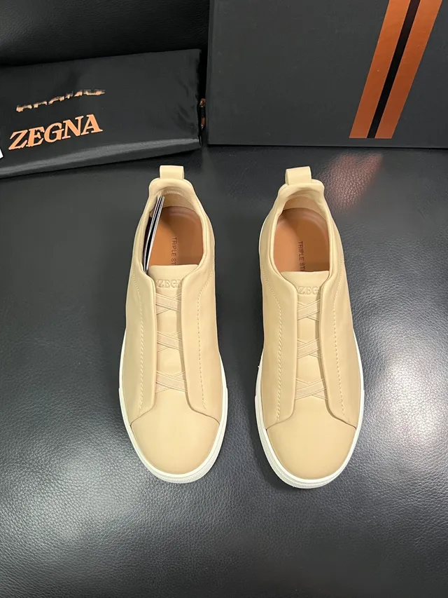 Zegna Beige Leather Slip-On White Sole Sneakers