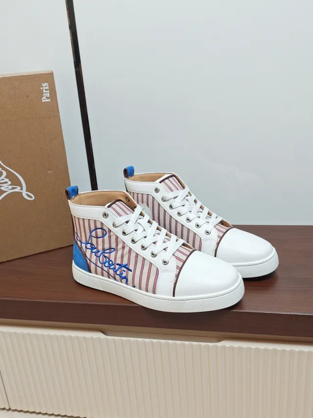 Christian Louboutin Loubi High White Blue Striped Canvas Lifestyle Sneakers