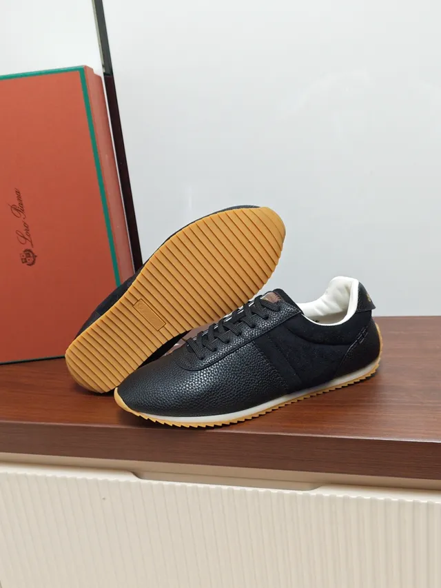 Loro Piana Black Textured Leather and Suede Sneaker
