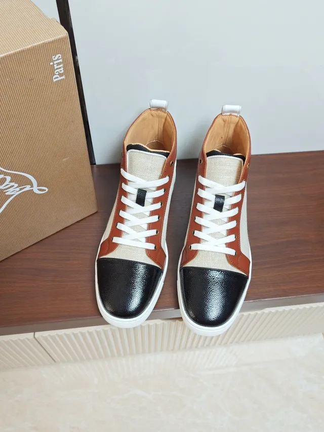 Christian Louboutin Louis Junior Beige Brown High-Top Color-Blocked Lifestyle Sneakers