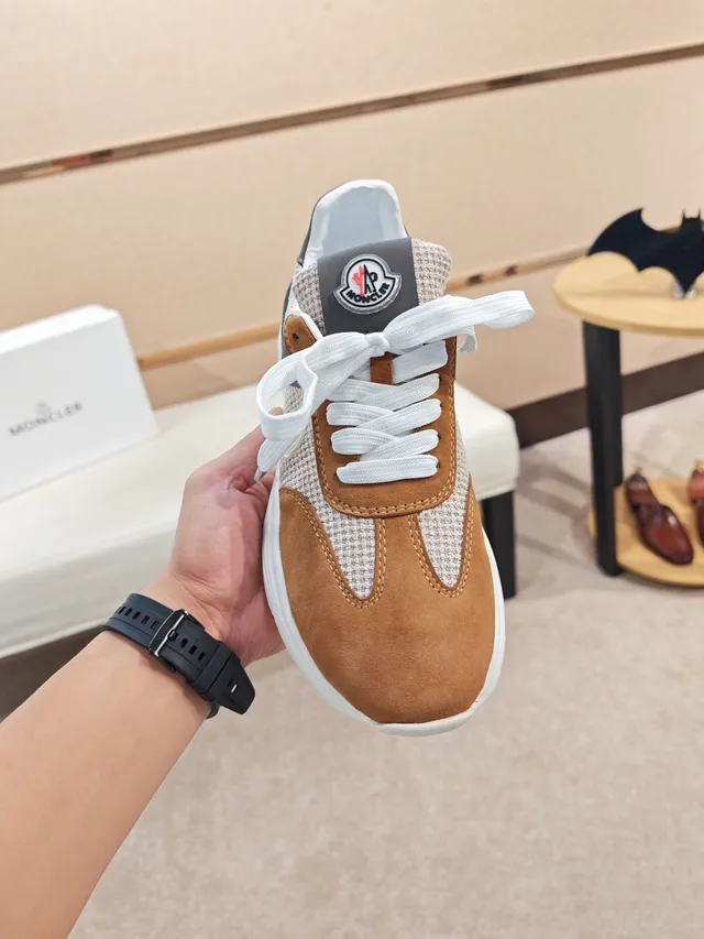 Moncler Brown Beige Mixed-Material Upper Herringbone Textile Panels Sneakers
