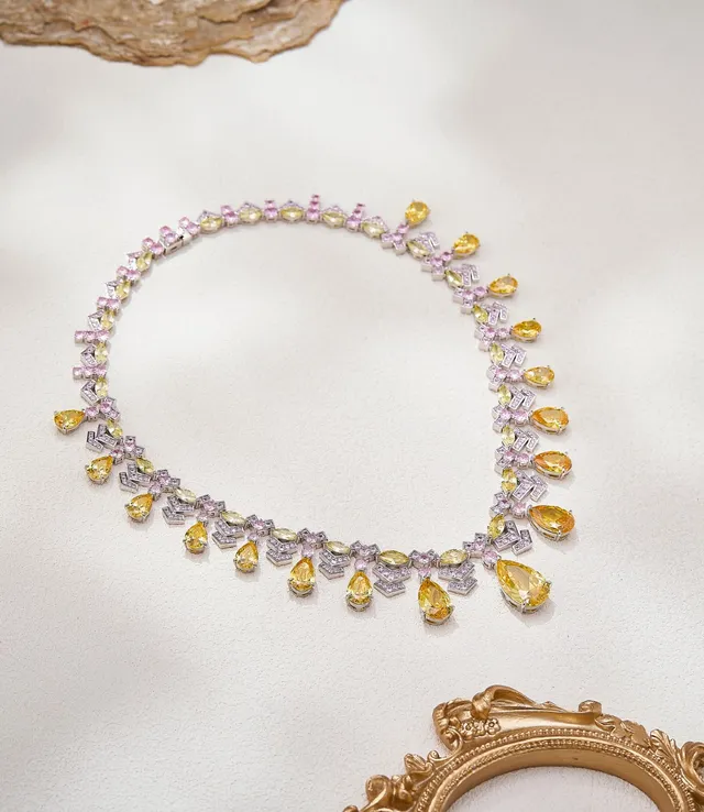 Pink Gemstone and Pavé Diamond Fringe Necklace