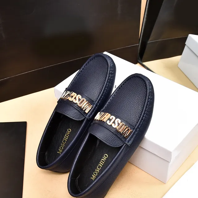 Moschino Logo-Strap Loafer Navy Gold Pebbled Leather Detail Loafer