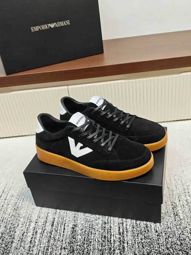 Emporio Armani Black White Suede Upper Gum Rubber Sole Sneakers