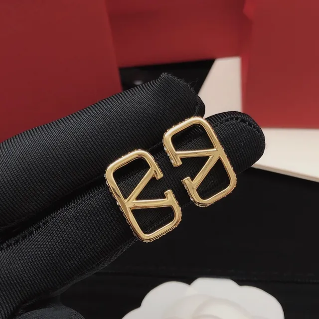 Valentino VLogo Gold Black Open-Frame Geometric Pavé-Edged Earrings
