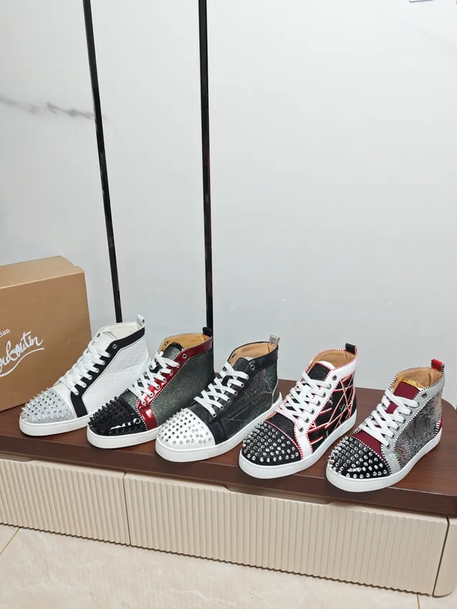 Christian Louboutin Louis Spikes Silver Red High-Top Studded Toe Lifestyle Sneakers