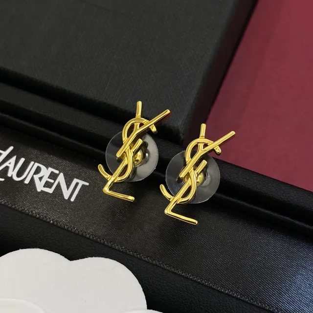 Saint Laurent Monogram Silver Gold Interlocking YSL Stud Style Earrings