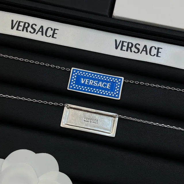 Versace Plaque Necklace Blue Pink Rectangular Enamel Studded Border Necklace