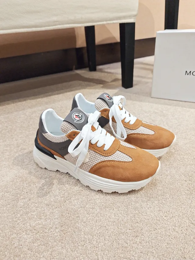 Moncler Brown Beige Mixed-Material Upper Herringbone Textile Panels Sneakers