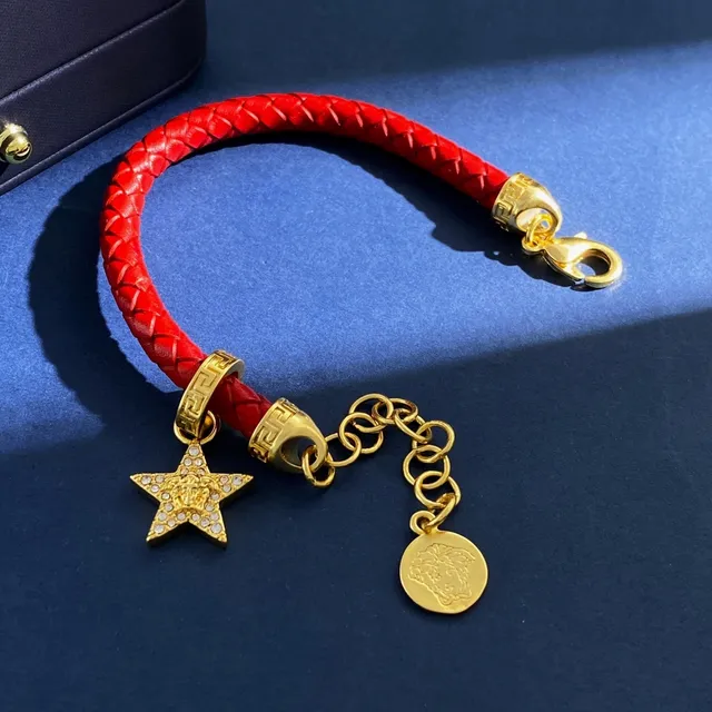Versace Red Gold Braided Leather Metal Bracelet