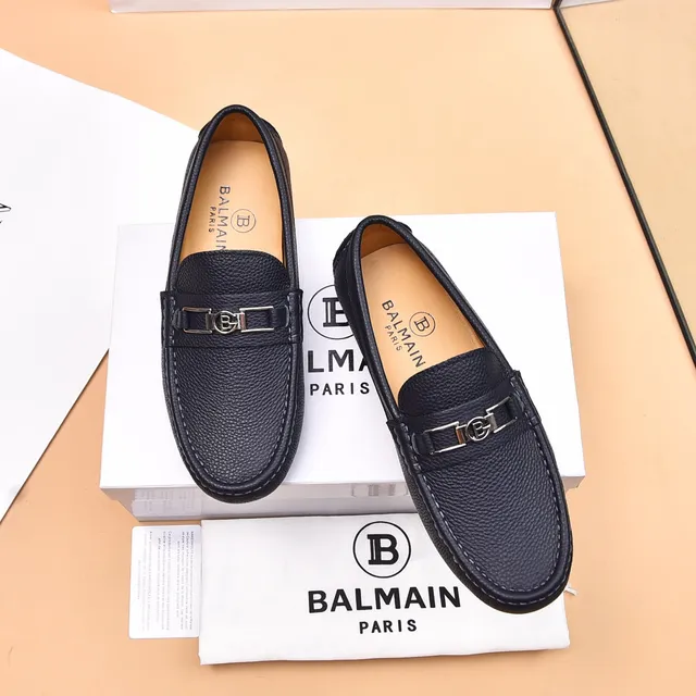 Balmain B-Court Black Beige Pebbled Leather Metal Buckle Loafer