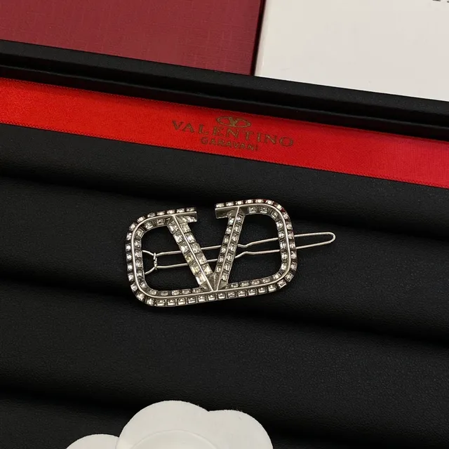 Valentino VLTN Silver Gold Crystal-Encrusted Logo Brooch