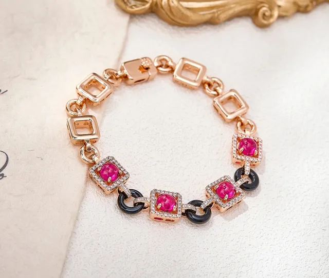 Gold Pink Square-Link Design Pavé-Set Halo Bracelet