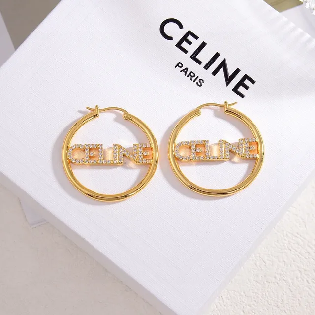Celine Logo Hoop Silver Gold Crystal-Embellished Earrings