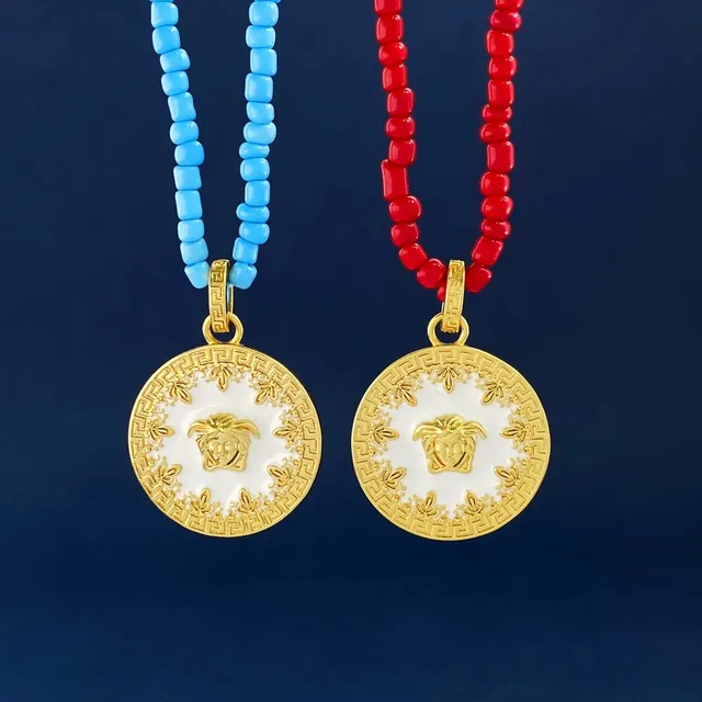 Versace Medusa Icon Red Gold Beaded Chain Pendant Necklace