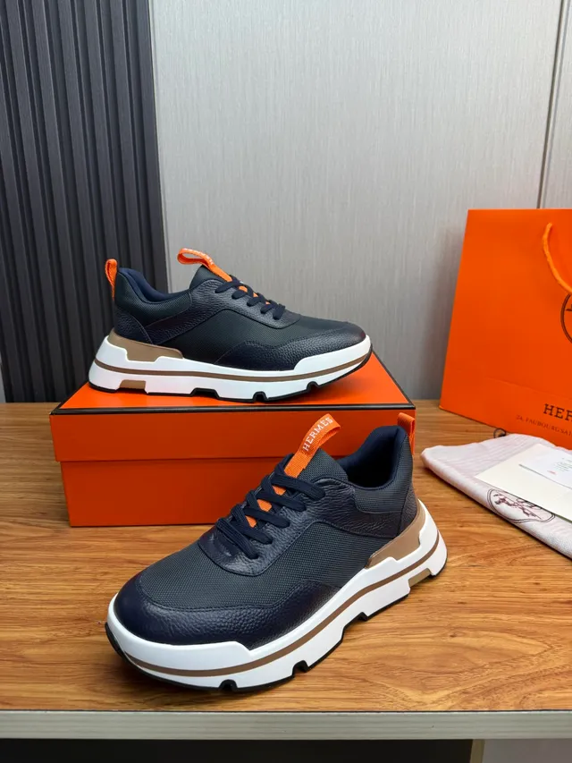 Hermès Navy Orange Chunky Sole Mesh And Pebbled Leather Upper Sneakers