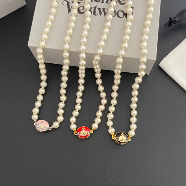 Vivienne Westwood Orb Pearl Necklace Beige Gold Strand Enamel Charm Necklace