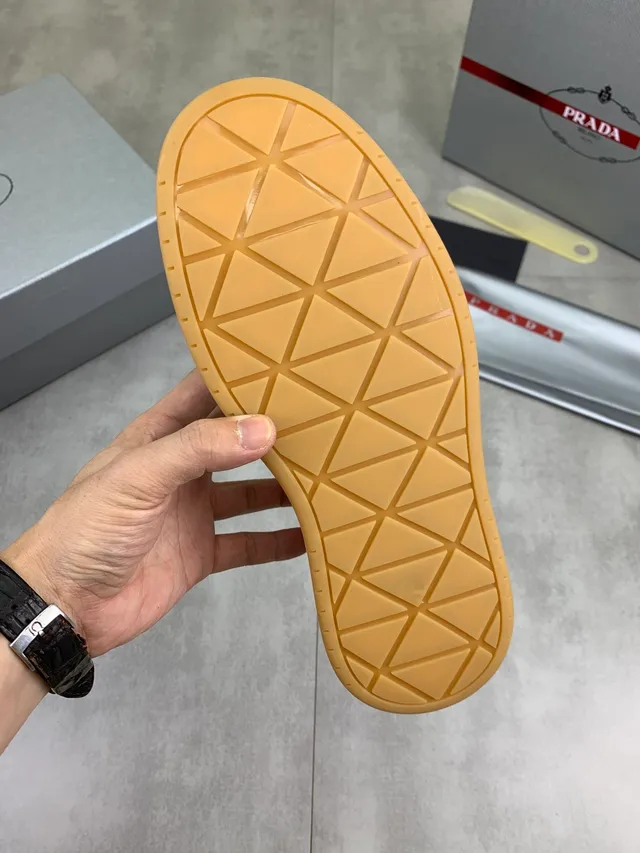 Prada White Beige Leather Triangular Metal Logo Plaque Lifestyle Sneakers