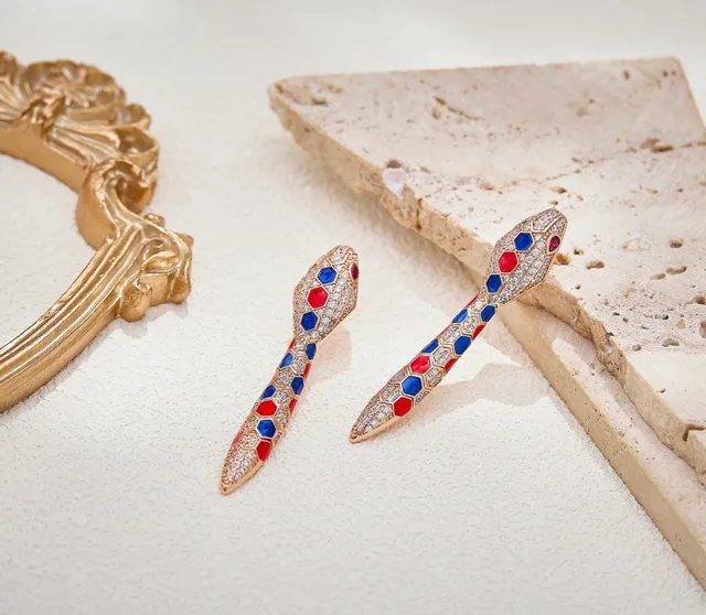 Snake-Shaped Hexagonal Enamel and Pavé Crystal Earrings