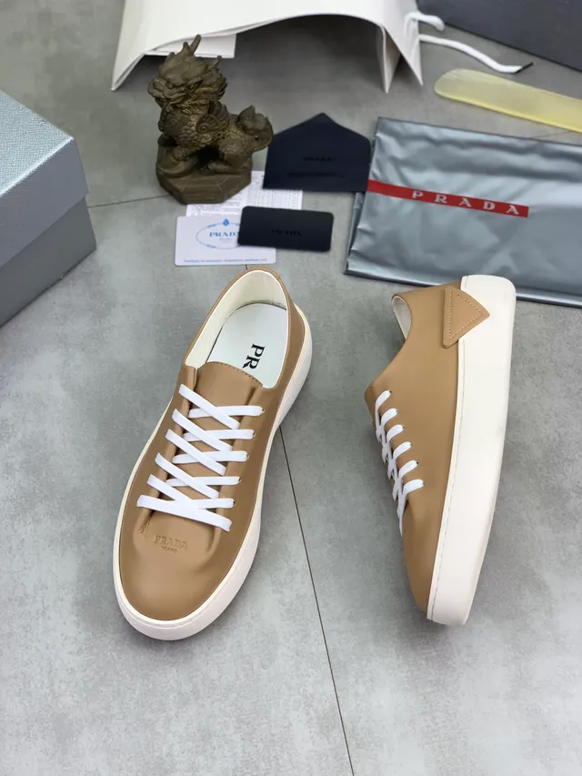 Prada Beige White Smooth Leather Upper Flat Laces Lifestyle Sneakers