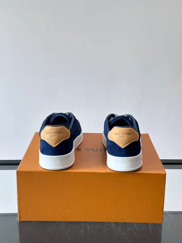 Louis Vuitton LV Trainer Navy Beige Monogrammed Suede Tan Heel Tab Lifestyle Sneakers