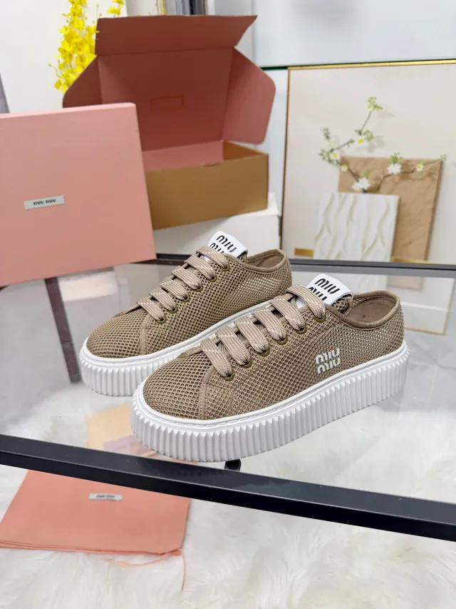 Miu Miu Platform Sneakers Beige White Mesh Upper Ridged Sole Lifestyle Sneakers