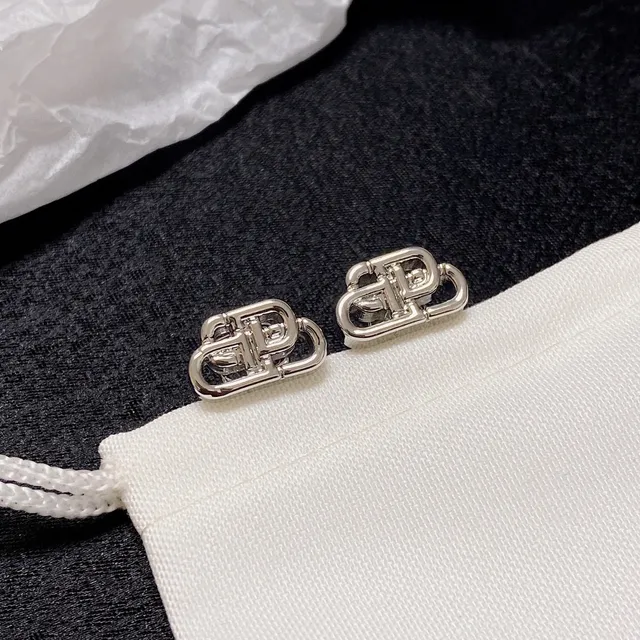 Balenciaga BB Gold Silver Interlocking Monogram Openwork Metal Earrings