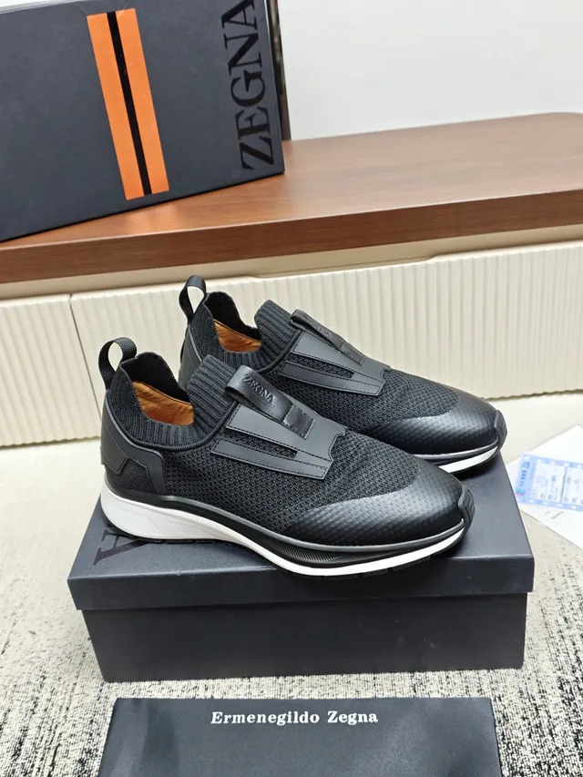 Zegna Black White Knit Upper Slip-On Lifestyle Sneakers