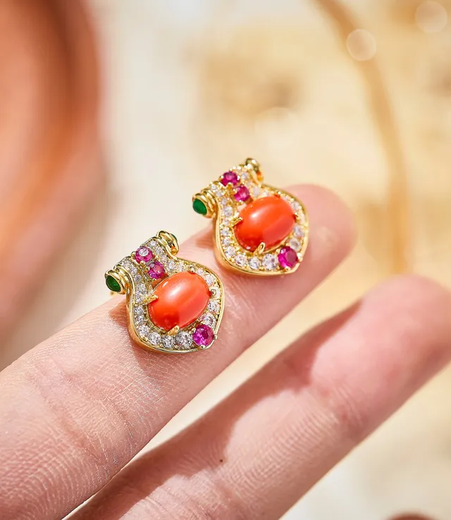 Gold-Tone Coral Cabochon Pave Diamond Halo Earrings