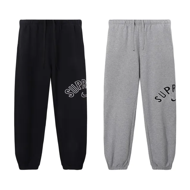 Supreme Arched Logo Gray Black Crewneck Sweatshirt Elastic-Cuff Joggers Tracksuit