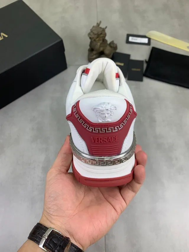 Versace White Red Greca-Embossed Leather Medusa Hardware Lifestyle Sneakers