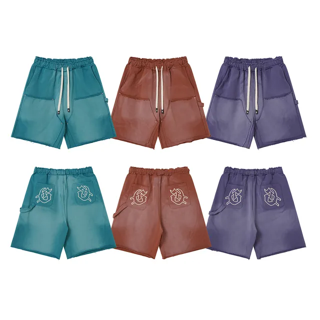 Purple Blue Elastic Waist Patch Pockets Shorts