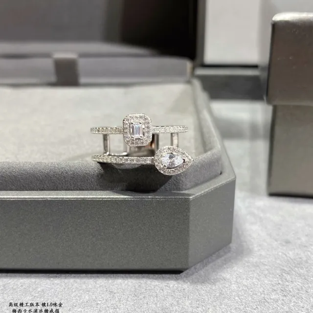 Double-Band Pavé-Set Teardrop and Emerald-Cut Stone Ring