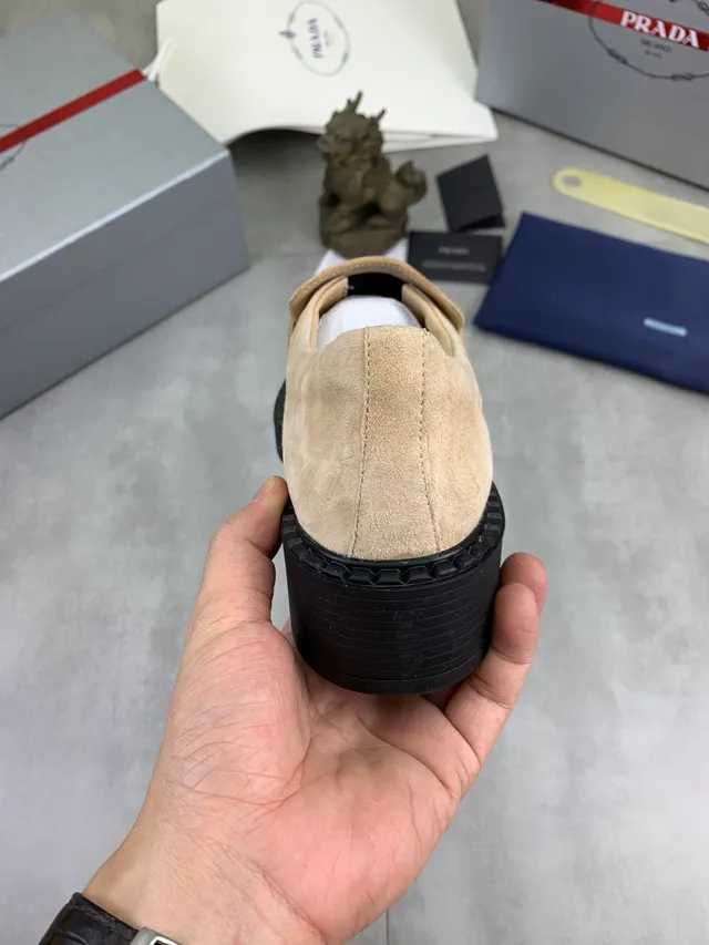 Prada Beige Black Suede Upper Triangle Logo Strap Loafer