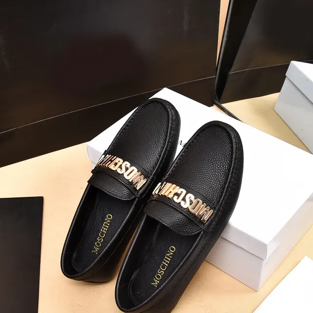 Moschino Logo-Bar Black Gold Pebbled Leather Hardware Loafer