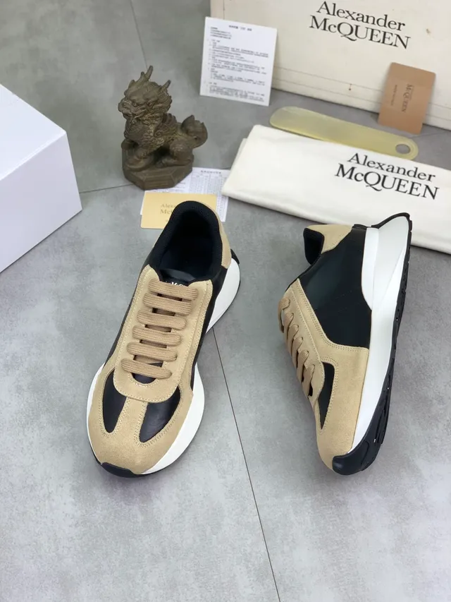 Alexander McQueen Beige Black Mixed-Material Paneling Suede And Leather Lifestyle Sneakers