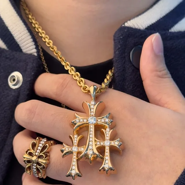 Chrome Hearts Triple Cross Pavé Gold Tone Necklace