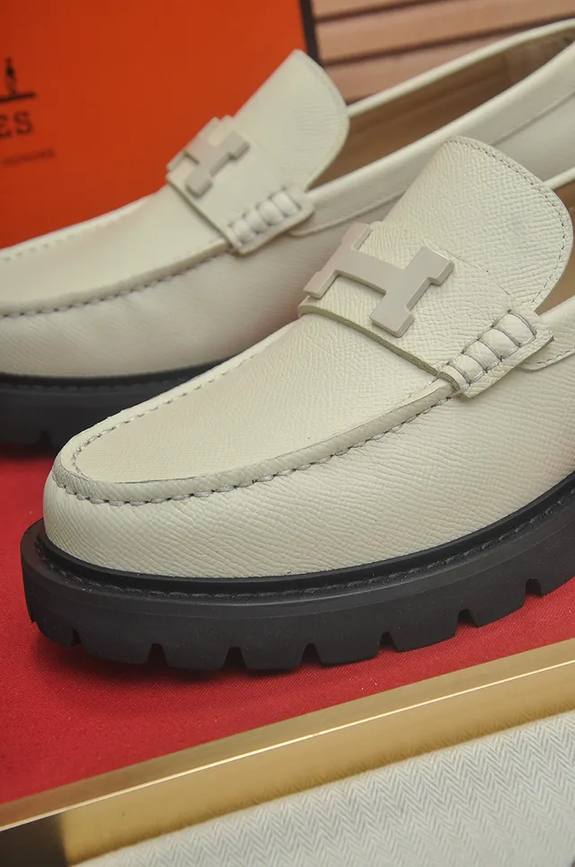Hermès H-Buckle Loafer Beige Black Hardware Textured Leather Loafer