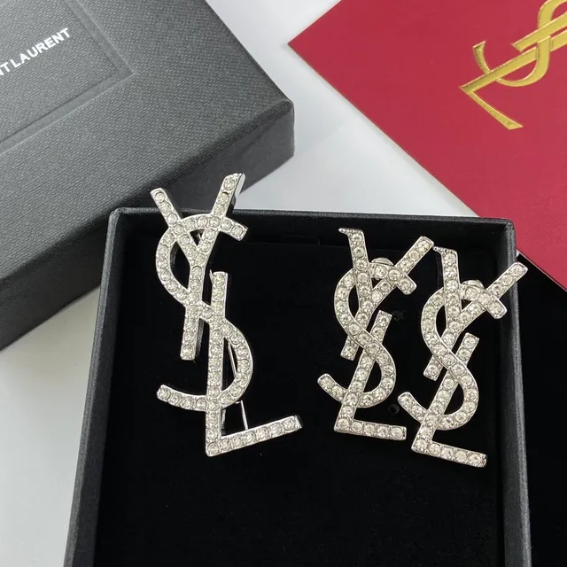 Saint Laurent Monogram Brooch Crystal-Encrusted Silver-Tone YSL Brooch