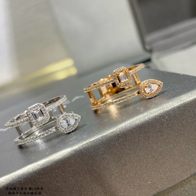 Double-Band Pavé-Set Teardrop and Emerald-Cut Stone Ring