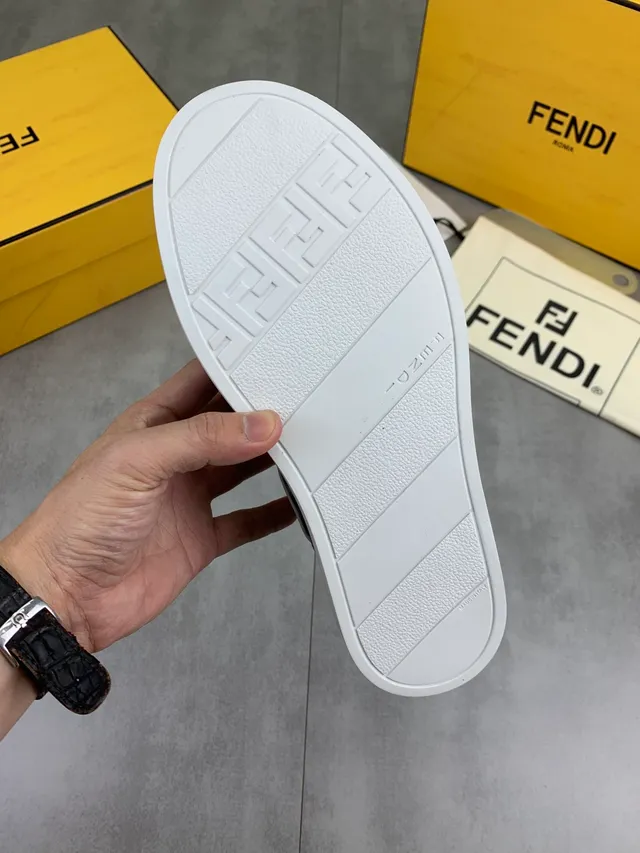 Fendi FF Logo Slip-On White Navy Brown Lifestyle Sneaker