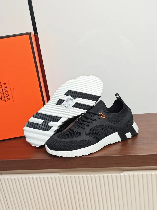 Hermès Black White Knit Upper Sculpted Midsole Sneakers