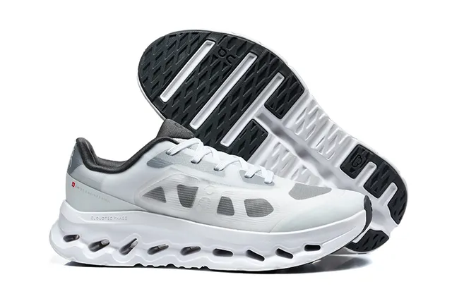 On Black White Engineered Mesh Upper Open Hexagonal CloudTec Pods Running Shoes