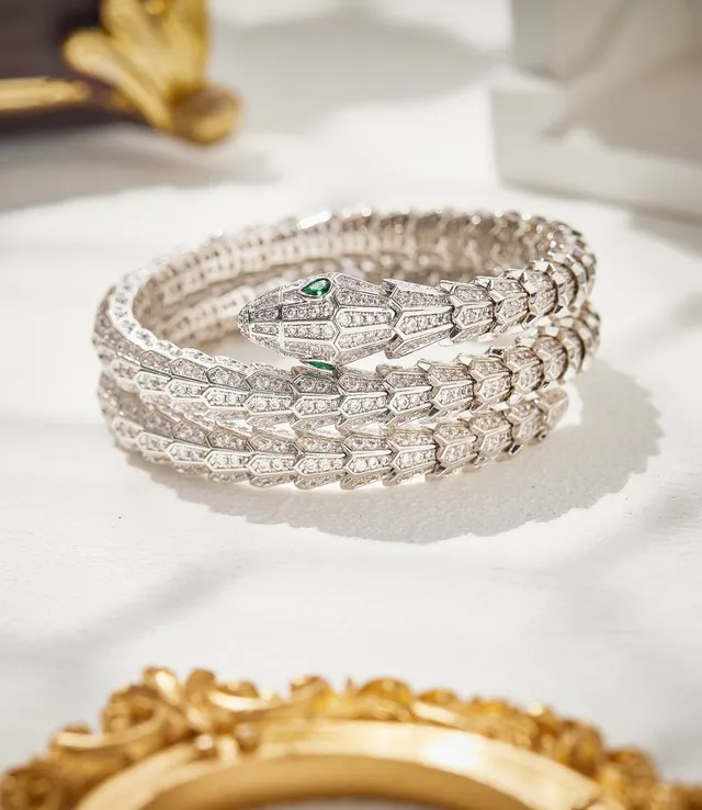 Bvlgari Serpenti Triple-Coil Pavé Diamond and Emerald Bracelet