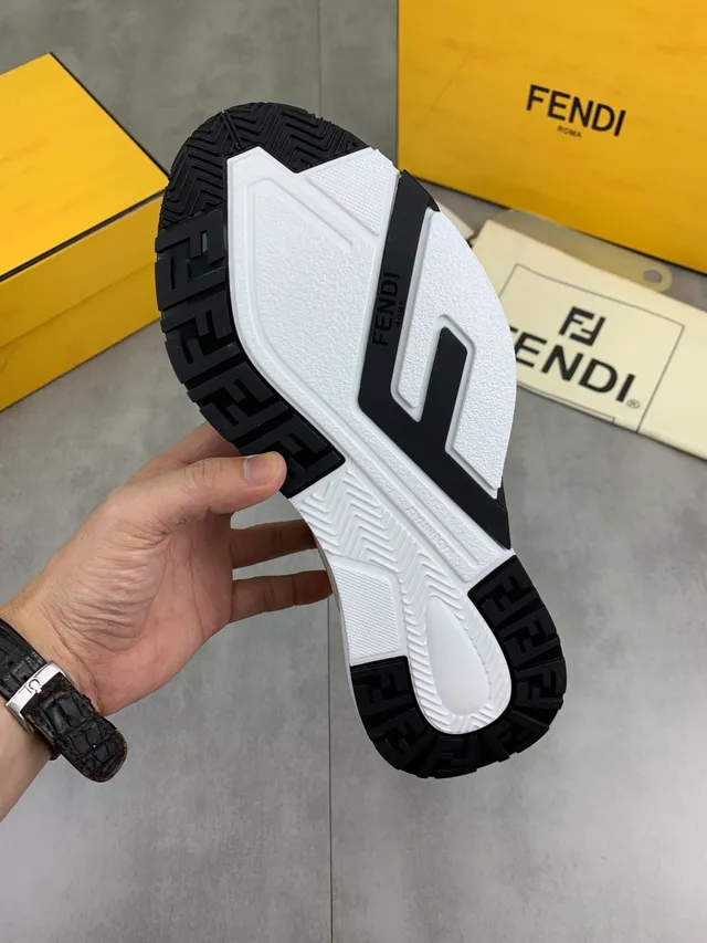 Fendi First White Black Perforated Leather Upper Contrast Trim Chunky Sneakers