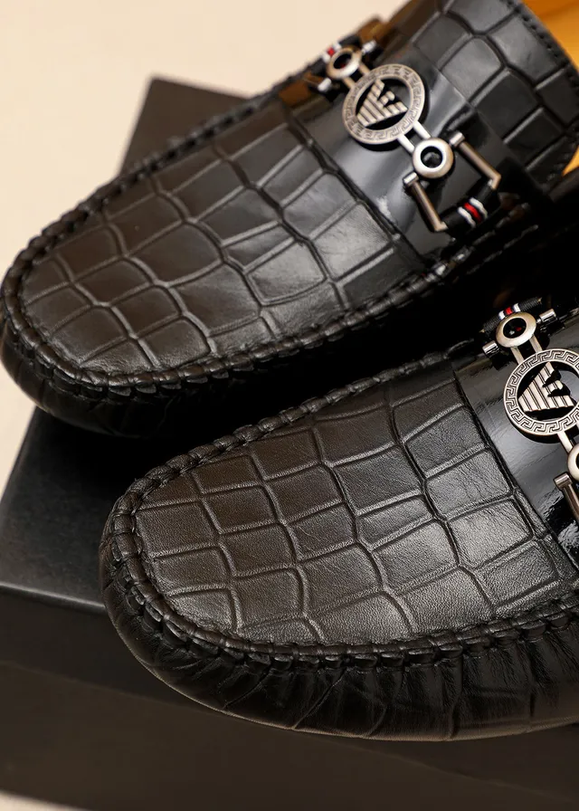 Giorgio Armani Black Beige Crocodile-Embossed Leather Metal Eagle-Buckle Hardware Loafer