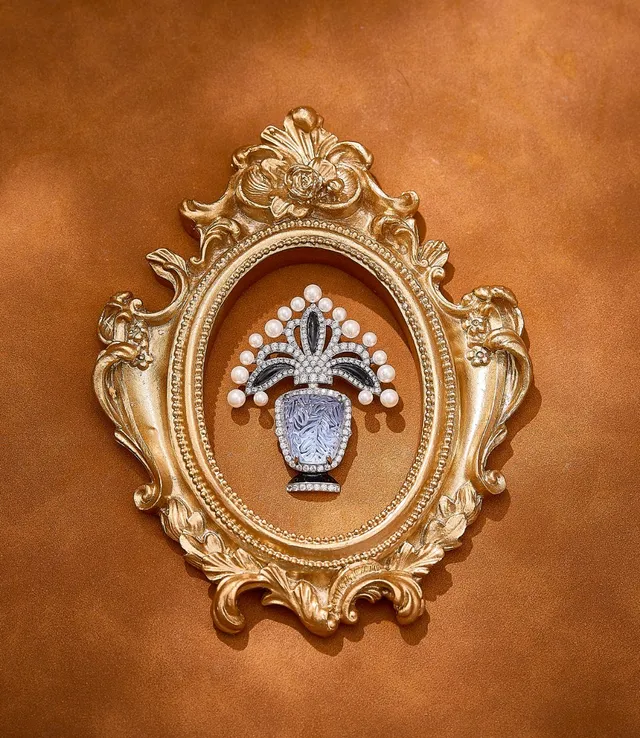 Purple White Carved Lavender Stone Pearl Halo Brooch