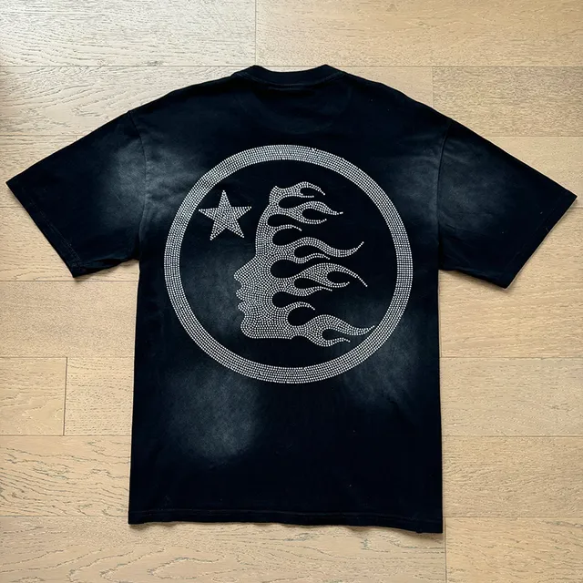 Hellstar Rhinestone X Flame Graphic Faded Black T-Shirt