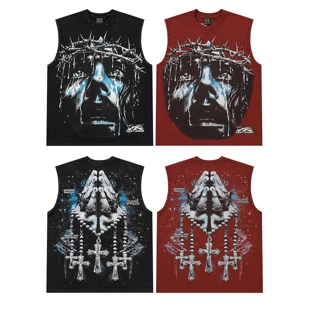 SAINT-SINNER Burgundy Black Graphic-Print Studded Shoulders Vest Top