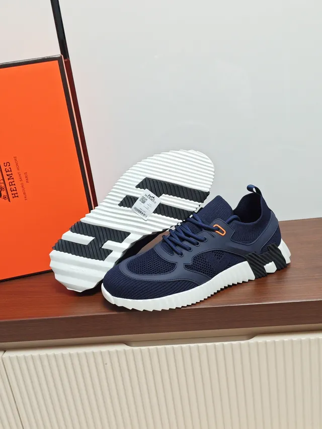 Hermès Navy White Knit Upper Sculpted Midsole Sneakers